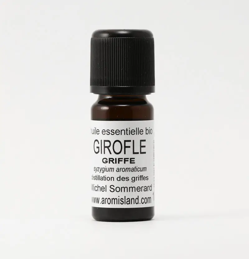 Flacon d’Huile Essentielle de Girofle Griffe Bio (Syzygium aromaticum), distillation pure et biologique.