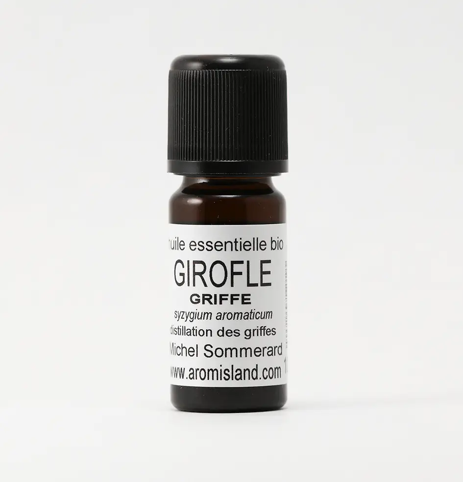 Flacon d’Huile Essentielle de Girofle Griffe Bio (Syzygium aromaticum), distillation pure et biologique.