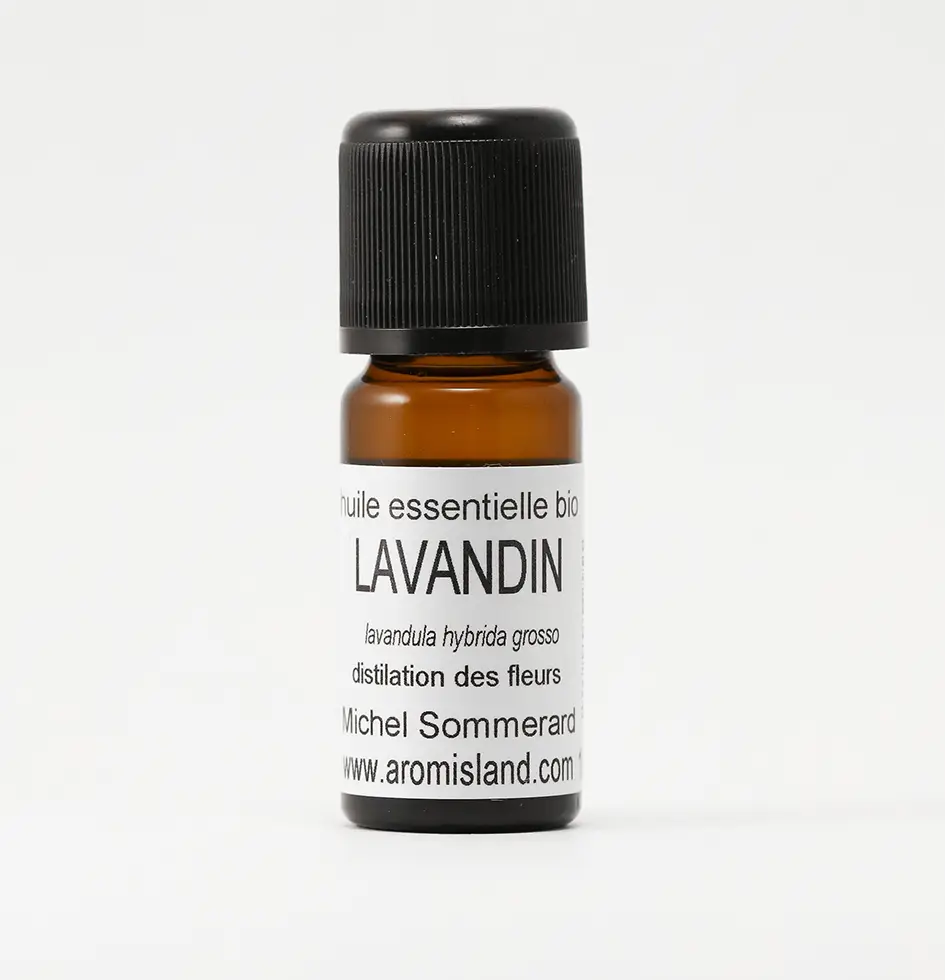 Flacon d’Huile Essentielle de Lavandin Bio (Lavandula hybrida), distillation pure et biologique.