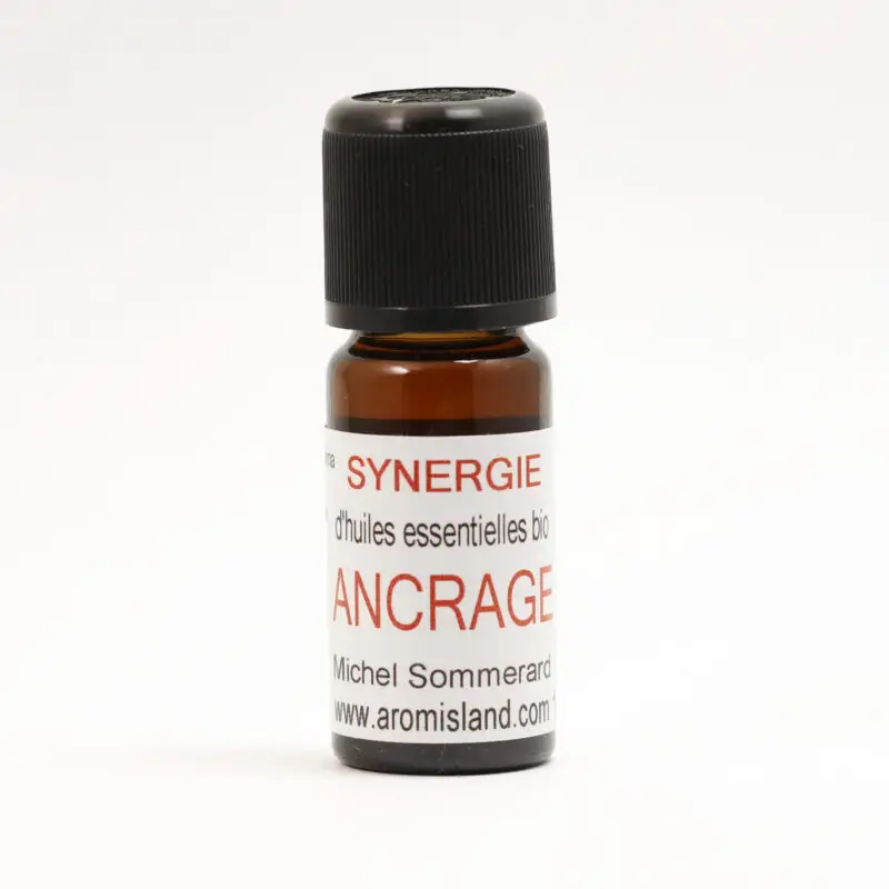 Flacon de Synergie Ancrage Équilibre et Sérénité, mélange d’huiles essentielles bio aux notes boisées et épicées.